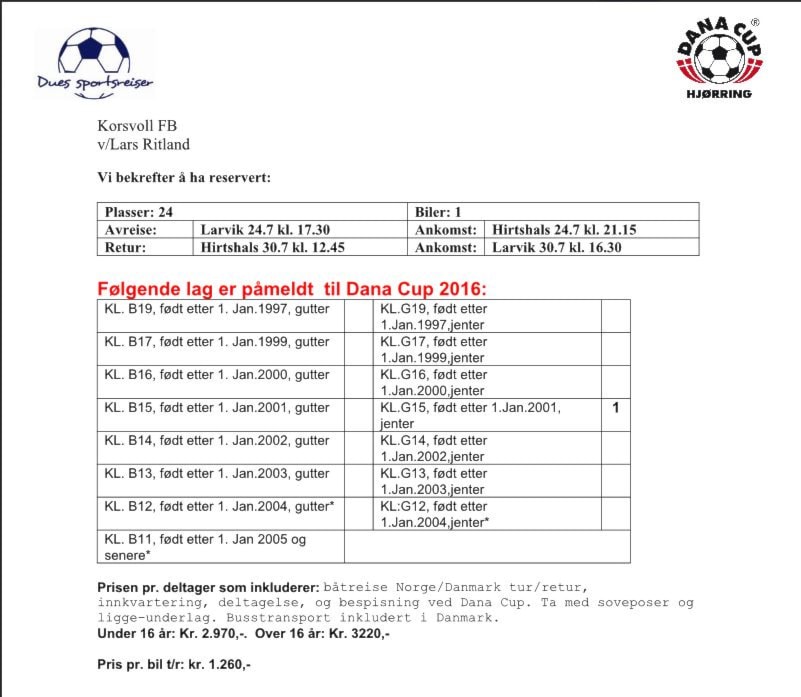 Dues bekreftelse Dana Cup 2016